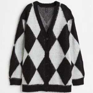 H&M HARLEQUIN (diamond) PATTERNED CARDIGAN oversized V Neck with buttons